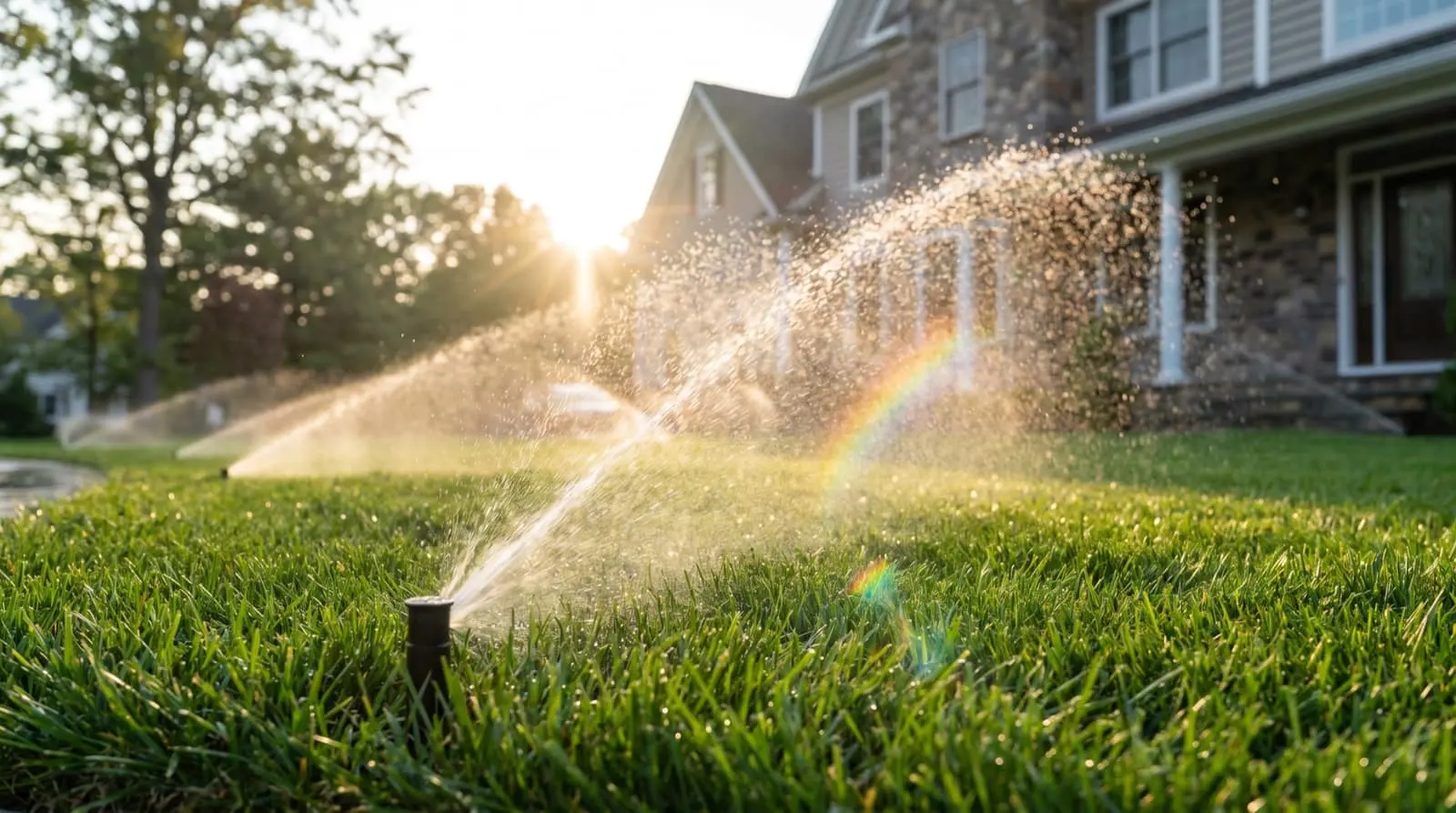 Zoned sprinkler system watering a new lawn at sunset